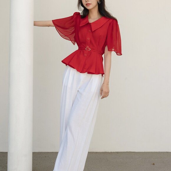 Chiffon Wing Sleeves Peplum Blouse in Red (Belt Set) - Picture 3 of 9